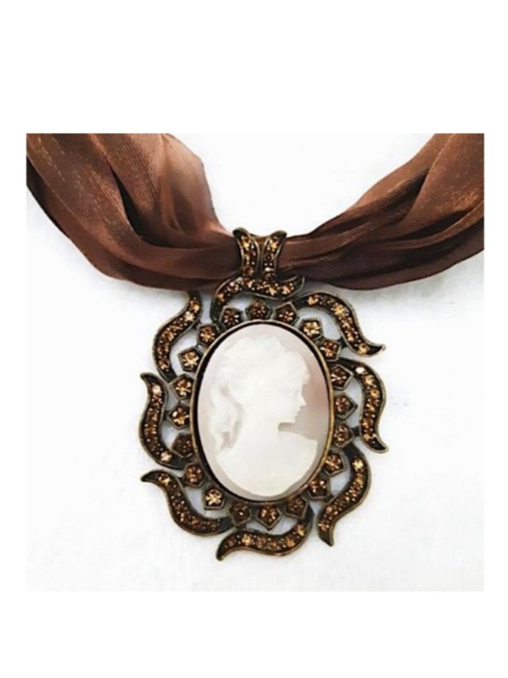 BROWN Satin Cameo Crystal Brass Pendant-Necklace
